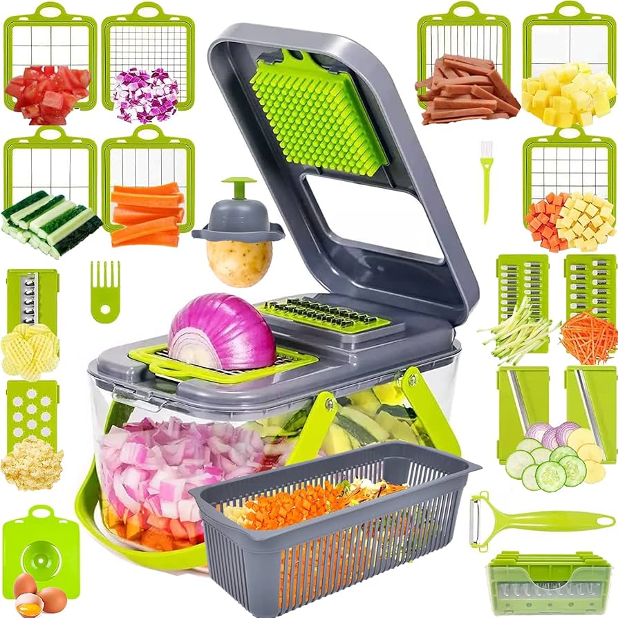 18-in-1-Gemüseschneider mit Auffangbehälter, universelles Küchenutensil zum Schneiden, Reiben und Julienne-Schneiden von Gemüse | Sulvida