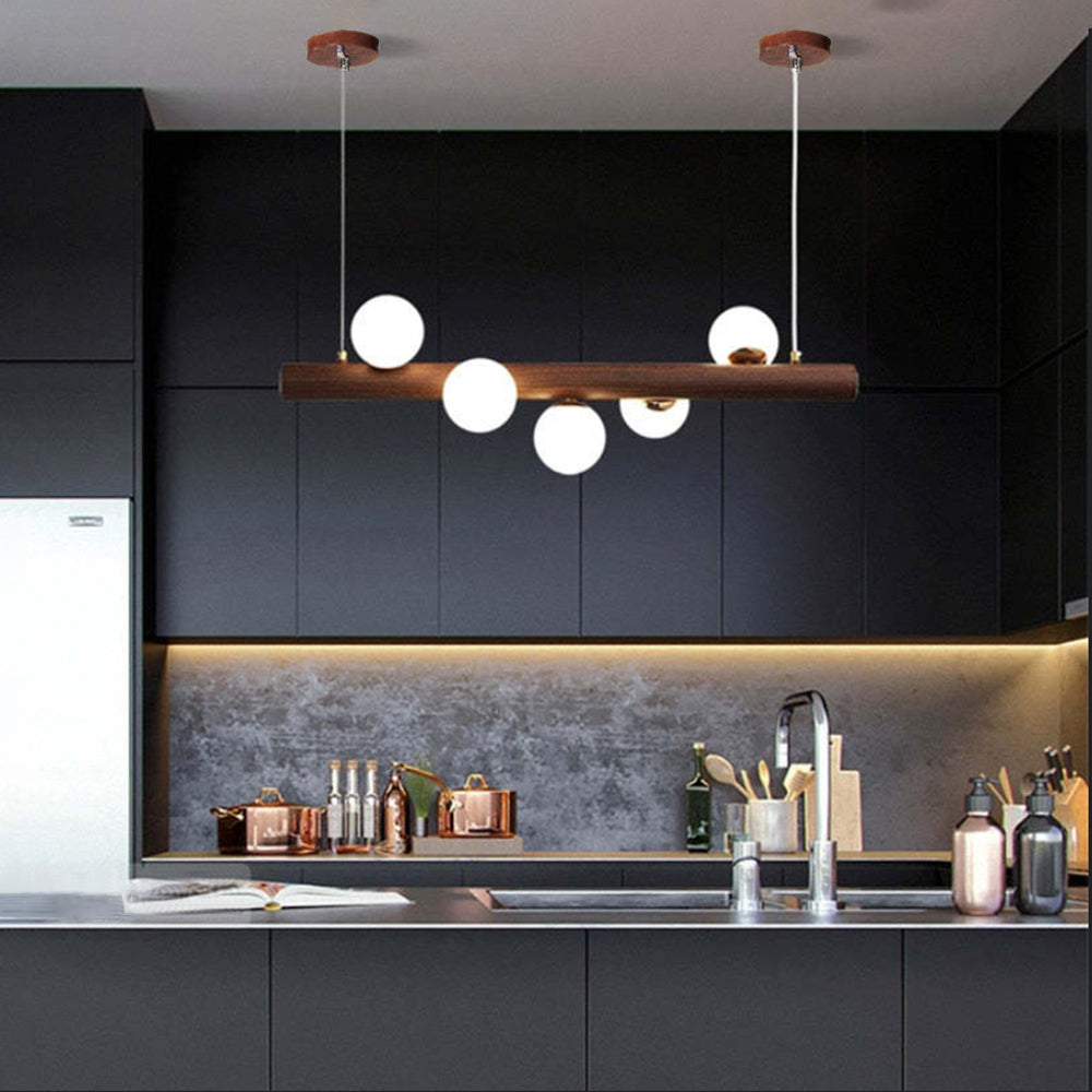 Glazen Hanglamp met Houten Ring Notenbruin Messing Eethoek Woonkamer Slaapkamer Sfeerverlichting Design | Sulvida
