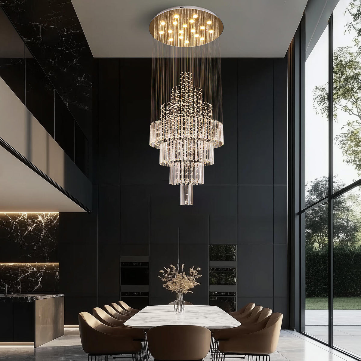 Kristallen regendrup kroonluchter rond chroom spiraal voor hal trappenhal hoge plafonds luxe design verlichting | Sulvida