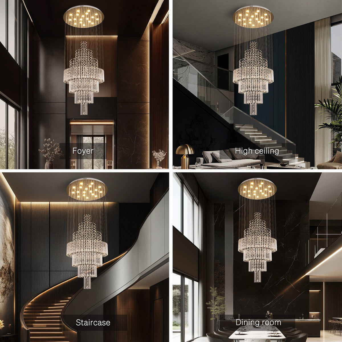 Kristallen regendrup kroonluchter rond chroom spiraal voor hal trappenhal hoge plafonds luxe design verlichting | Sulvida