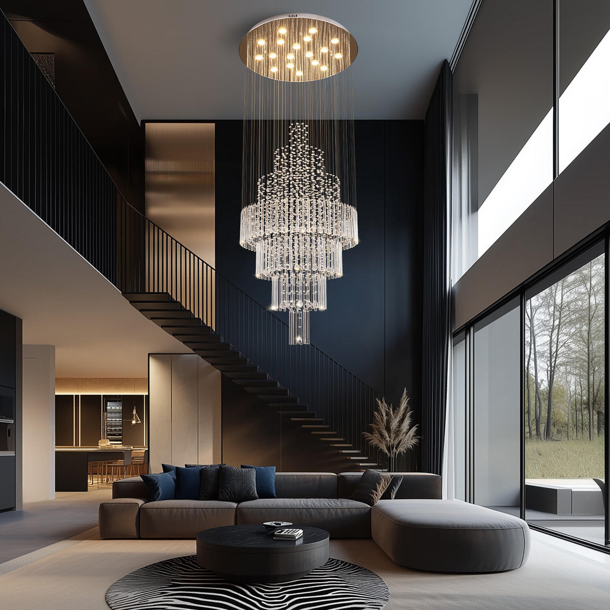 Kristallen regendrup kroonluchter rond chroom spiraal voor hal trappenhal hoge plafonds luxe design verlichting | Sulvida