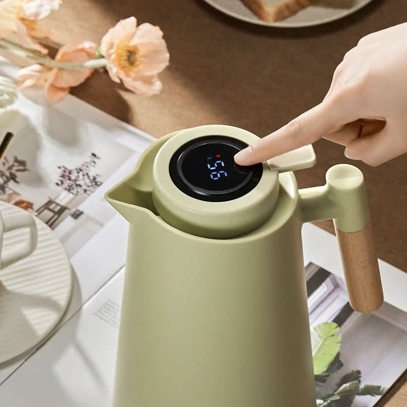Thermosfles dubbele wand met temperatuurweergave en houten handvat 1 liter voor koffie thee water onderweg | Sulvida
