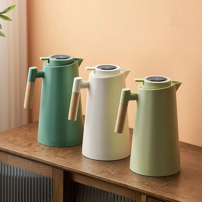 Thermosfles dubbele wand met temperatuurweergave en houten handvat 1 liter voor koffie thee water onderweg | Sulvida