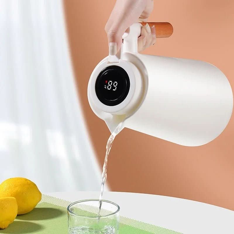 Thermosfles dubbele wand met temperatuurweergave en houten handvat 1 liter voor koffie thee water onderweg | Sulvida