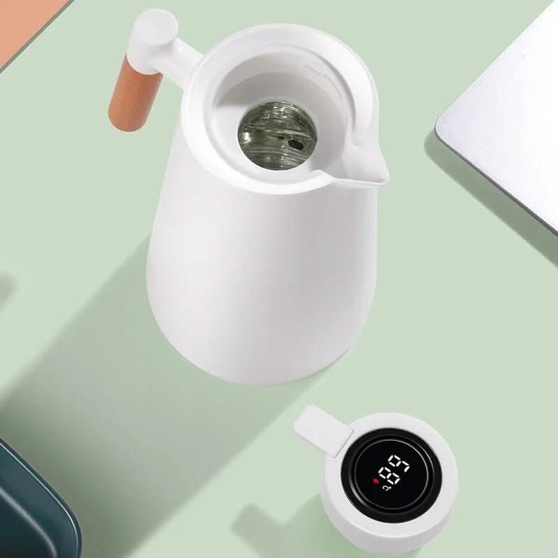 Thermosfles dubbele wand met temperatuurweergave en houten handvat 1 liter voor koffie thee water onderweg | Sulvida
