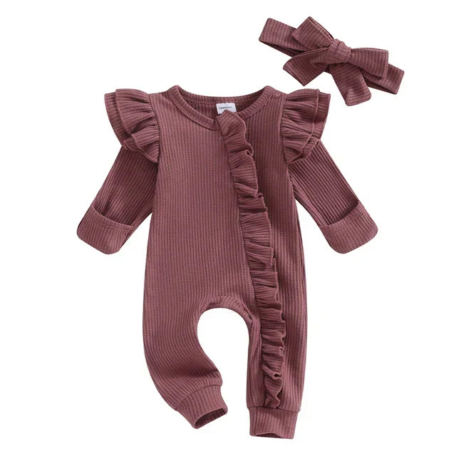 Geribde Babyjumpsuit met Haarband Pasgeboren Katoenen Pakje Babymeisje Outfit 0-18 Maanden Comfortabel | Sulvida