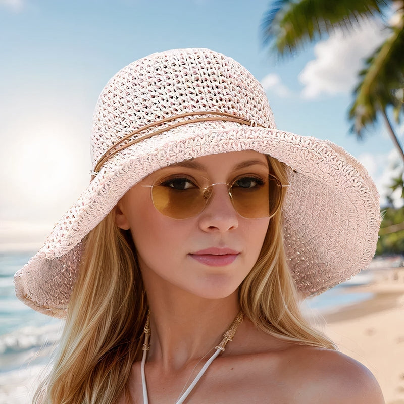 Dames Zomerhoed Gevlochten Stro Brede Rand Zonbescherming Strandhoed Vakantie Opvouwbaar Beige Wit Elegant | Sulvida