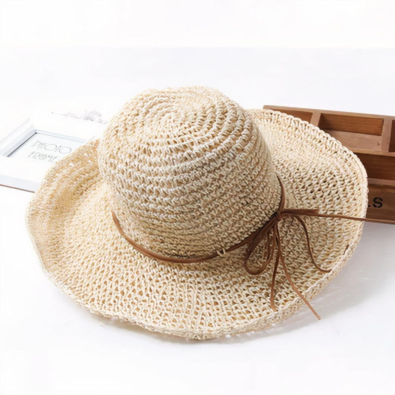 Dames Zomerhoed Gevlochten Stro Brede Rand Zonbescherming Strandhoed Vakantie Opvouwbaar Beige Wit Elegant | Sulvida