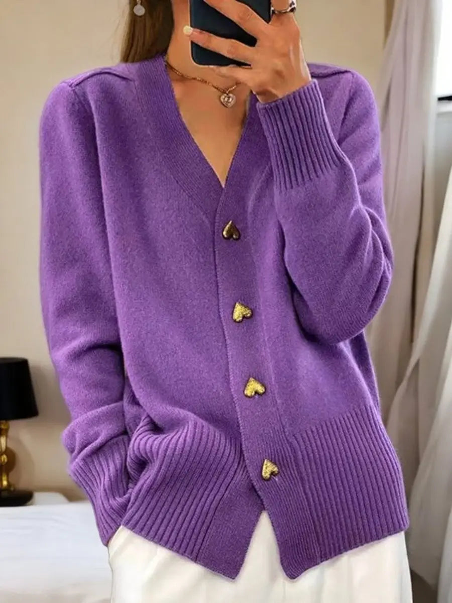 Gebreid Damesvest Lang met V-Hals en Hartvormige Knopen voor Herfst en Lente Oversized Fit Elegante Cardigan | Sulvida