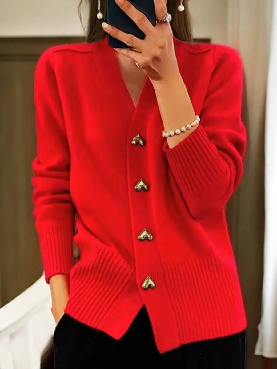 Gebreid Damesvest Lang met V-Hals en Hartvormige Knopen voor Herfst en Lente Oversized Fit Elegante Cardigan | Sulvida