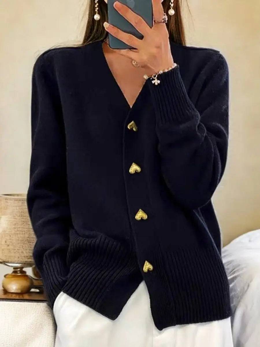 Gebreid Damesvest Lang met V-Hals en Hartvormige Knopen voor Herfst en Lente Oversized Fit Elegante Cardigan | Sulvida