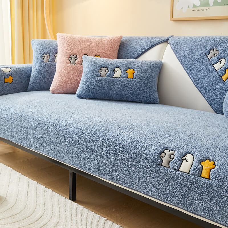 Sherpa Fleece Bankbeschermer met Kattenpootjesprint voor Huisdieren Sofa Bescherming Beige Grijs Blauw | Sulvida
