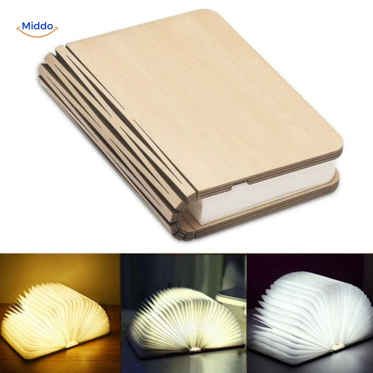 Vouwbare Boeklamp met LED Verlichting Hout 3 Kleuren Dimbaar Decoratieve Lamp Sfeerlicht Bureau Nachtkastje | Sulvida