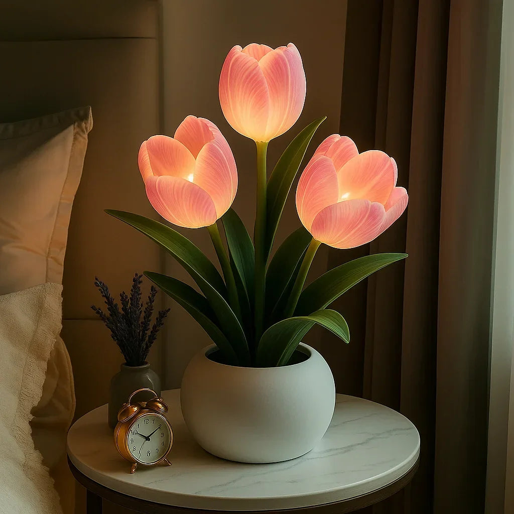 Decoratieve LED Tulpenlamp voor Woonkamer – Warm Wit Licht – Sfeervolle Bloemenlamp met Vaas – Moderne Tafellamp Nachtlamp voor Slaapkamer of Bureau | Sulvida