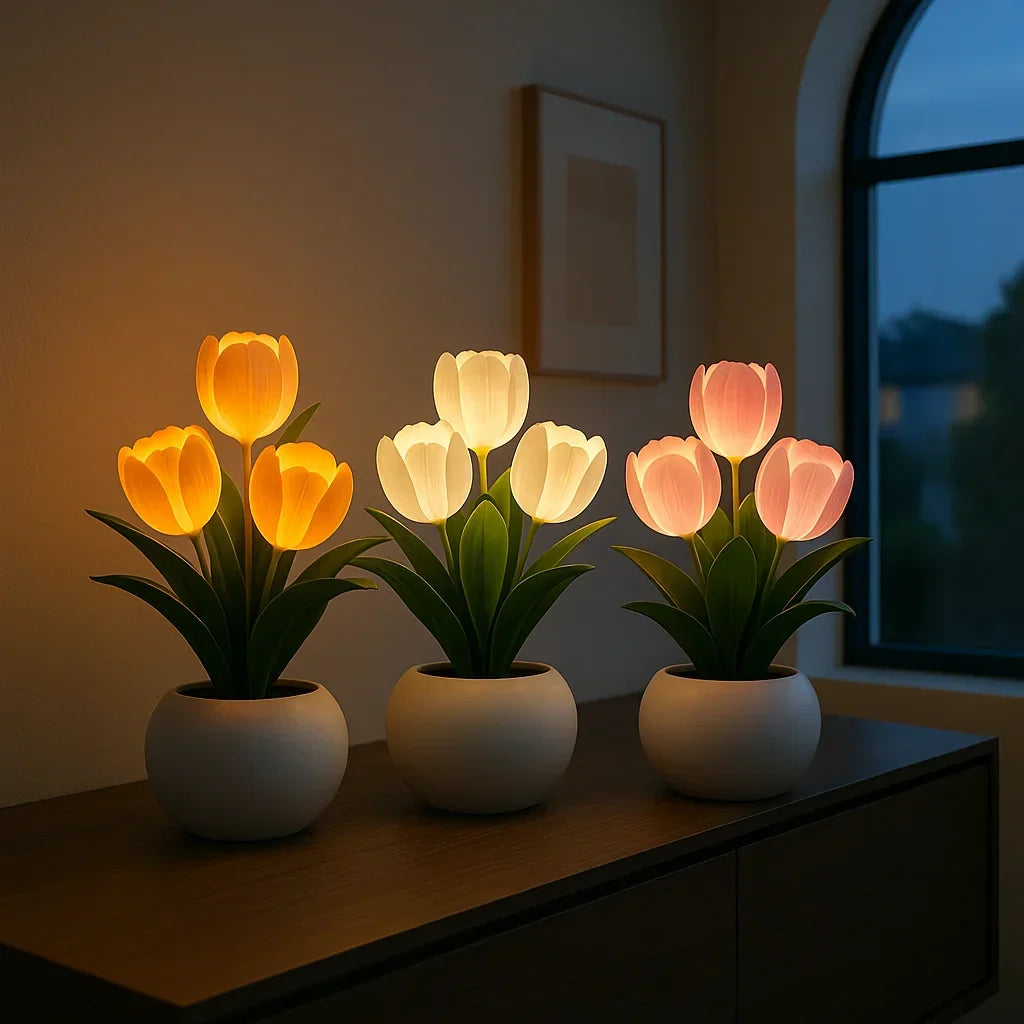 Decoratieve LED Tulpenlamp voor Woonkamer – Warm Wit Licht – Sfeervolle Bloemenlamp met Vaas – Moderne Tafellamp Nachtlamp voor Slaapkamer of Bureau | Sulvida