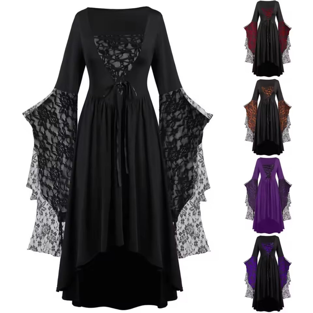 Gothic Feestjurk met Wijde Mouwen – Donkere Fantasy Look voor Verkleedpartijen Carnaval Halloween en Themafeesten | Sulvida