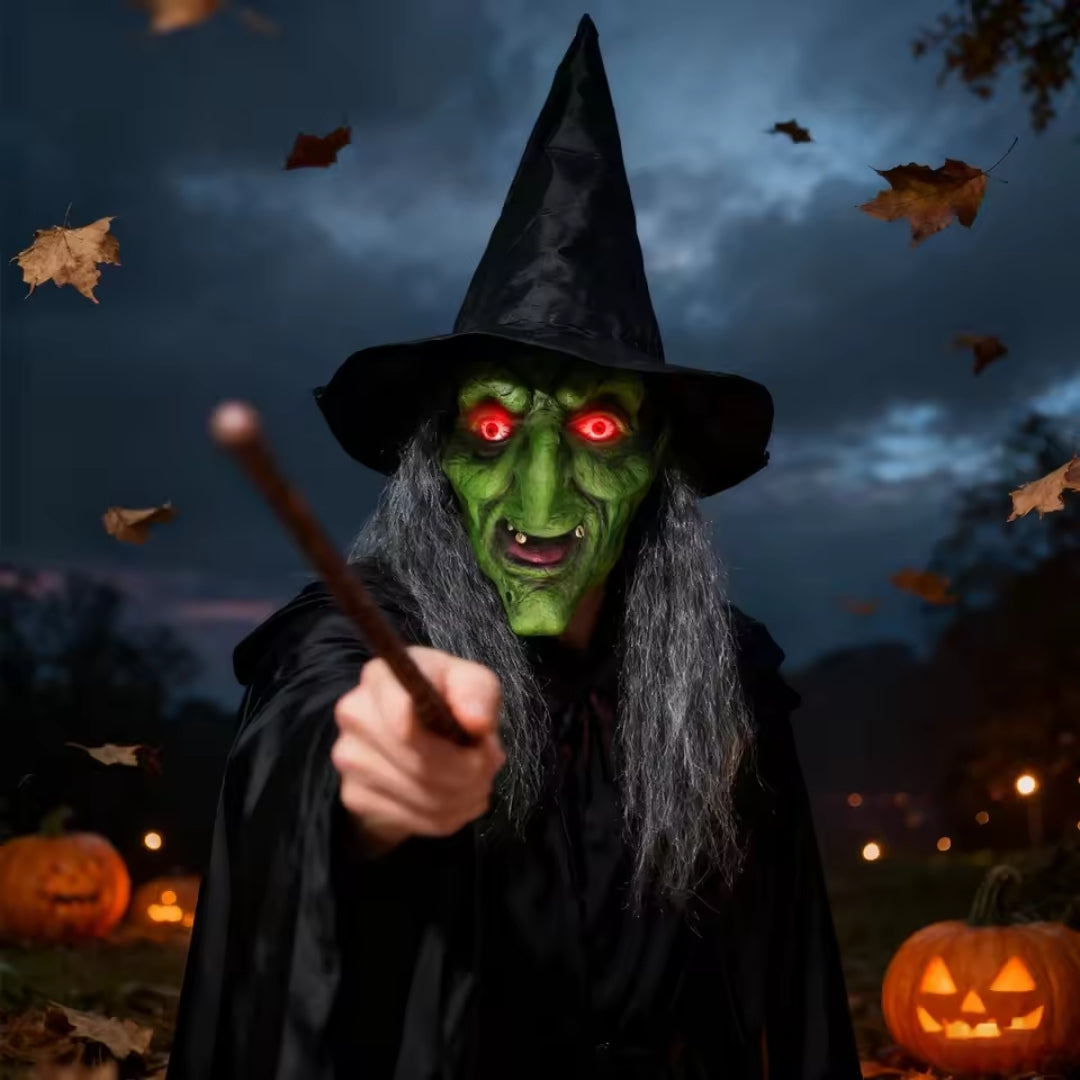 Horror Heksenkap met Luminescerende Ogen Groen Zwart Compleet Verkleedmasker Halloween Kostuum voor Volwassenen | Sulvida