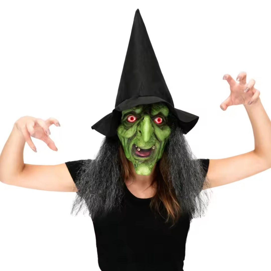 Horror Heksenkap met Luminescerende Ogen Groen Zwart Compleet Verkleedmasker Halloween Kostuum voor Volwassenen | Sulvida
