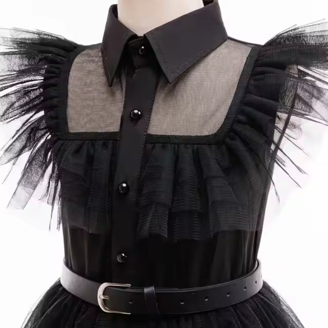 Gothic Feestjurk voor Kinderen met Riem Zwarte Verkleedjurk Cosplay Halloween Carnaval Kostuum Meidenoutfit | Sulvida