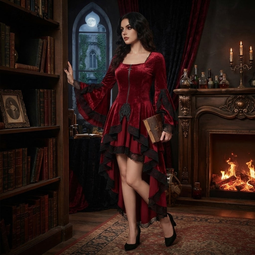 Fluwelen Feestjurk Vrouwen Zwart met Vlindermouwen Kanten Zoom Gothic Stijl Festivaljurk Elegante Party Dress | Sulvida