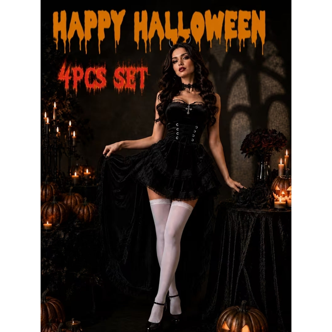 Gotische Duivelkostuum Dames Bordeauxrood 4-delig Vampier Verkleedset Halloween Fantasy Outfit Carnaval | Sulvida