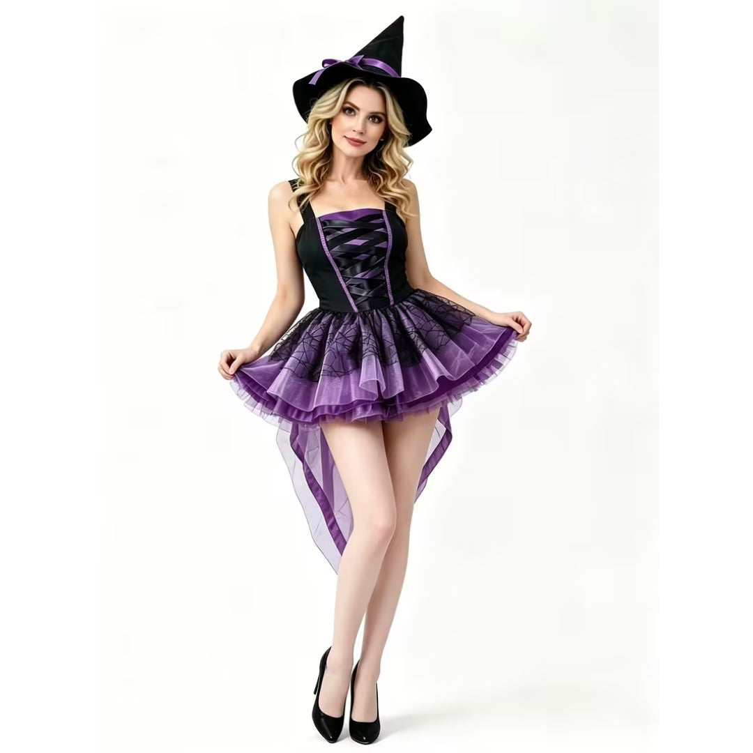 Toverkostuum dames met fluwelen jurk en kegelhoed paars gothic Halloween carnaval feestkleding mystiek | Sulvida