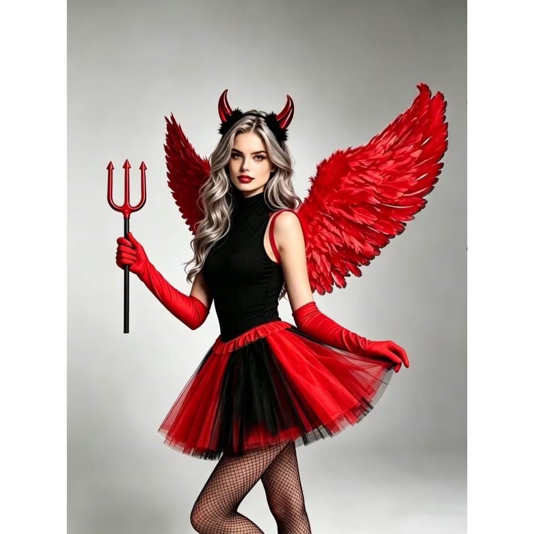 Feest Engelenkostuum Dames 5-Delig met Vleugels Handschoenen Hoofdband Zwart Rood Complete Feestoutfit | Sulvida