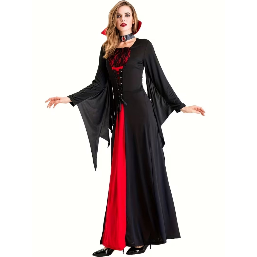 Gothic Vampierjurk Dames Lang Zwart Rood Hoge Kraag Kanten Borstpanel Cosplay Verkleedkostuum Halloween Feest | Sulvida
