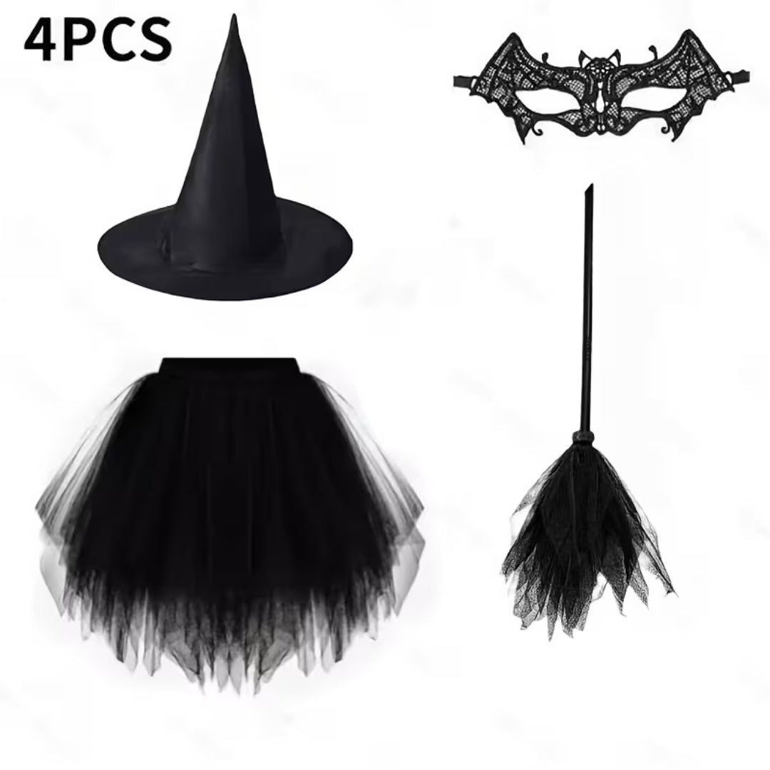 Heksenkostuum Dames Compleet met Tulle Rok Hoed Accessoires Halloween Themafeest Verkleedkleding Carnaval | Sulvida