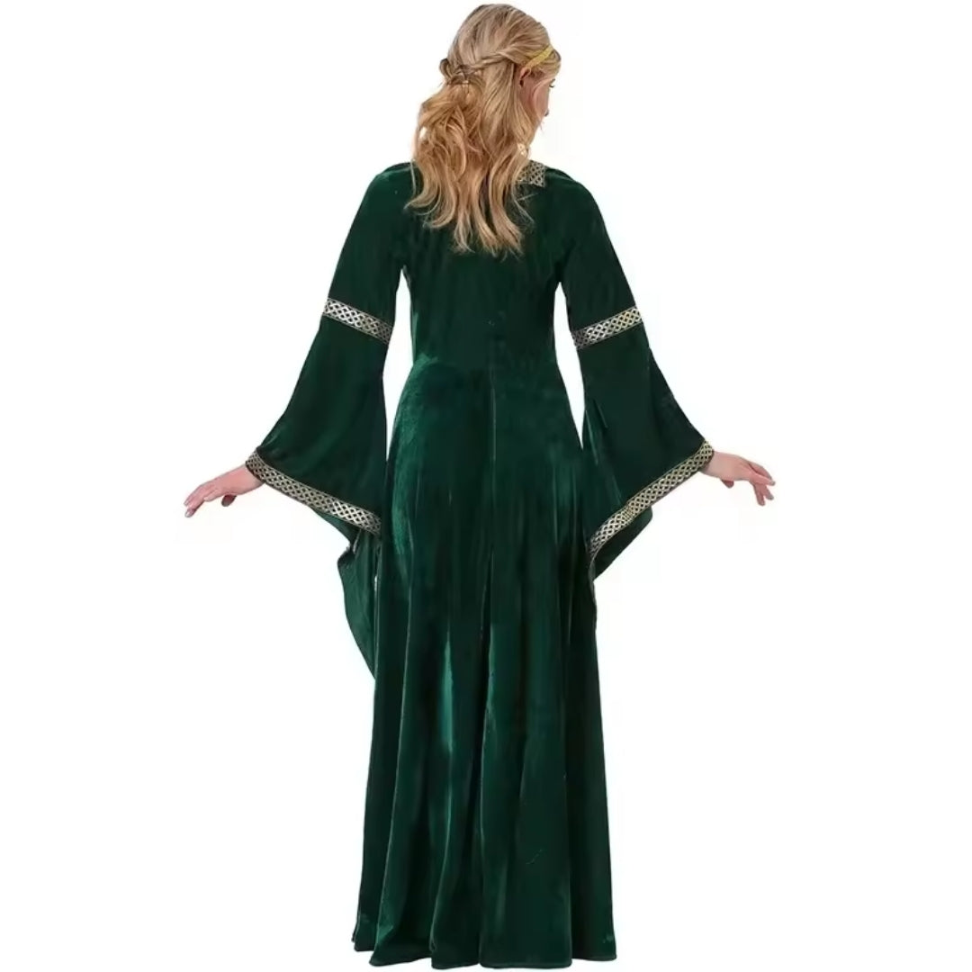 Fluwelen Middeleeuwse Verkleedjurk Lang Groene Heksenkostuum met Veterdetail Halloween Carnaval Dames | Sulvida