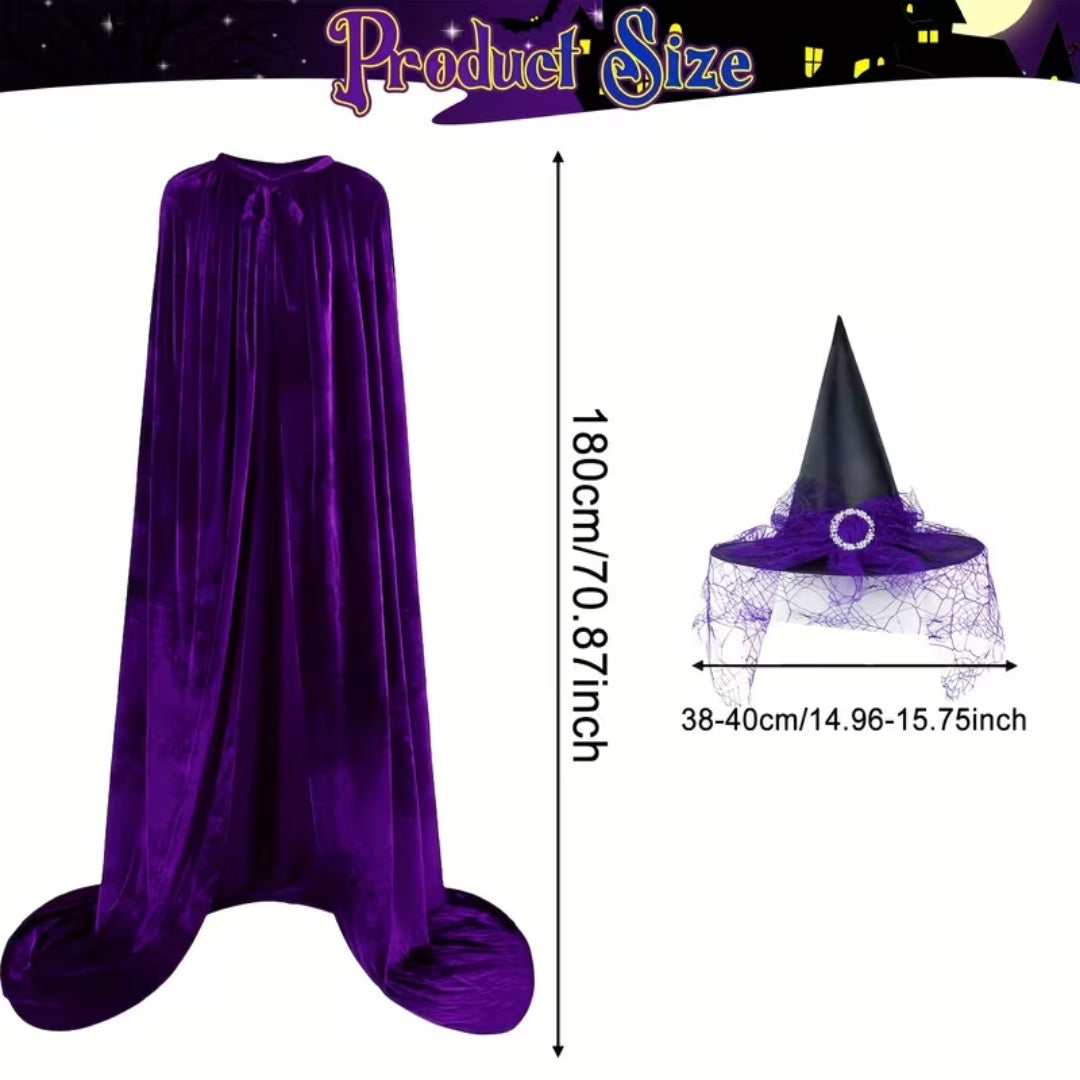 Heksencape met Hoed Volwassenen Fluweel Paars Zwart Verkleedkostuum Halloween Cosplay Themafeest Carnaval | Sulvida