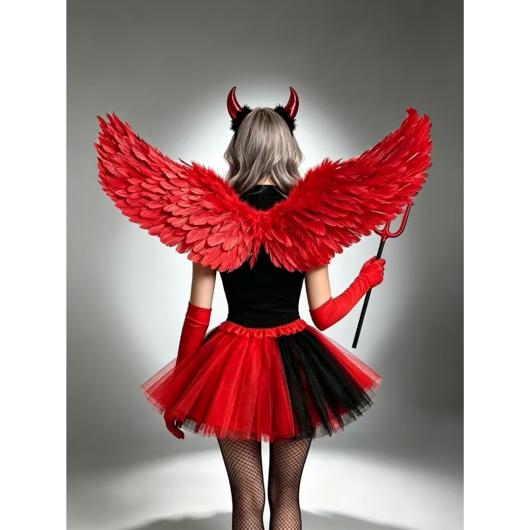 Feest Engelenkostuum Dames 5-Delig met Vleugels Handschoenen Hoofdband Zwart Rood Complete Feestoutfit | Sulvida