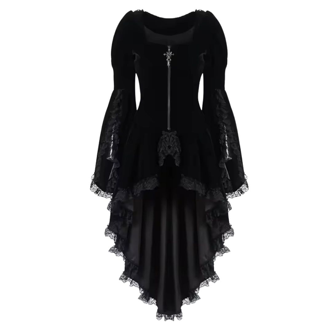 Fluwelen Feestjurk Vrouwen Zwart met Vlindermouwen Kanten Zoom Gothic Stijl Festivaljurk Elegante Party Dress | Sulvida
