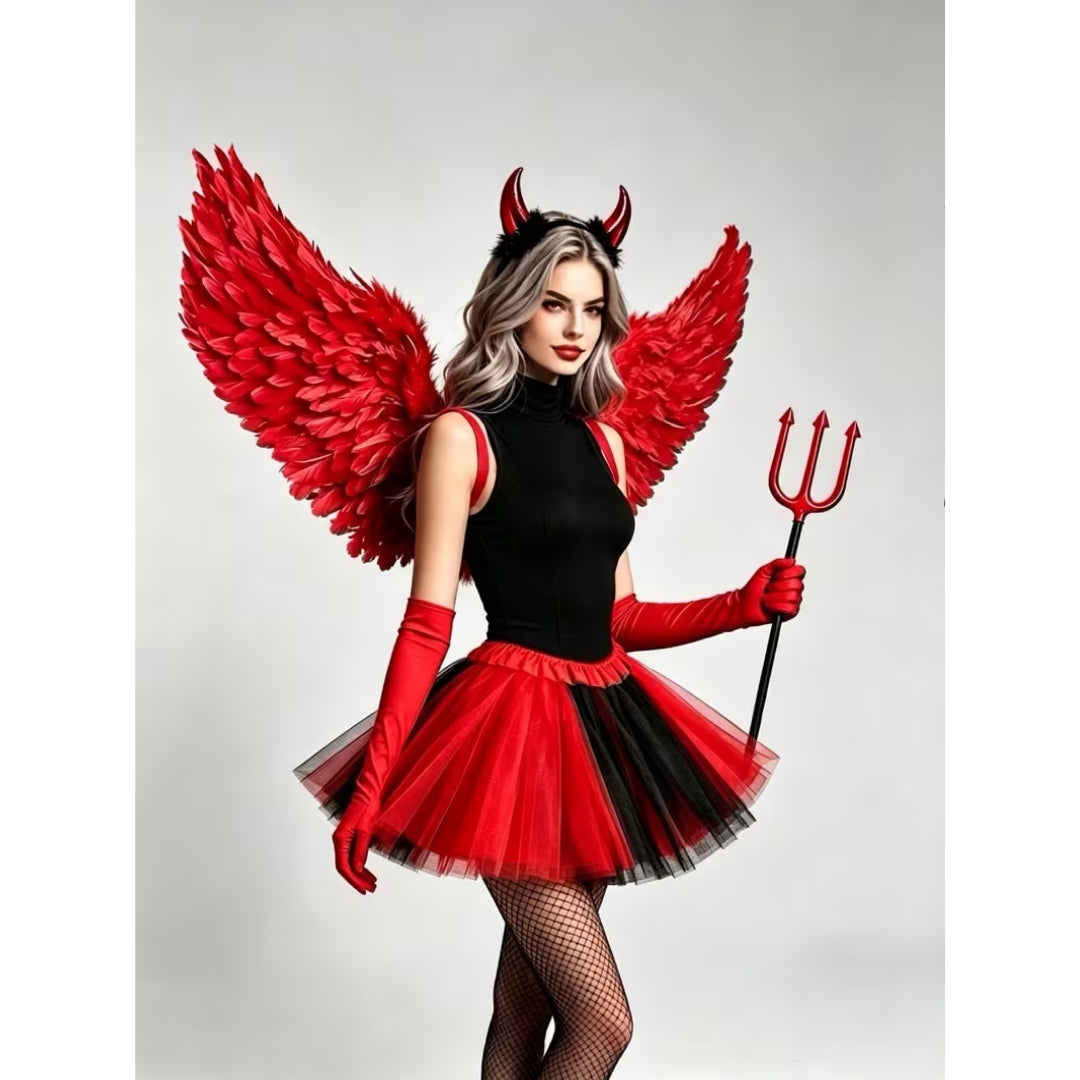 Feest Engelenkostuum Dames 5-Delig met Vleugels Handschoenen Hoofdband Zwart Rood Complete Feestoutfit | Sulvida