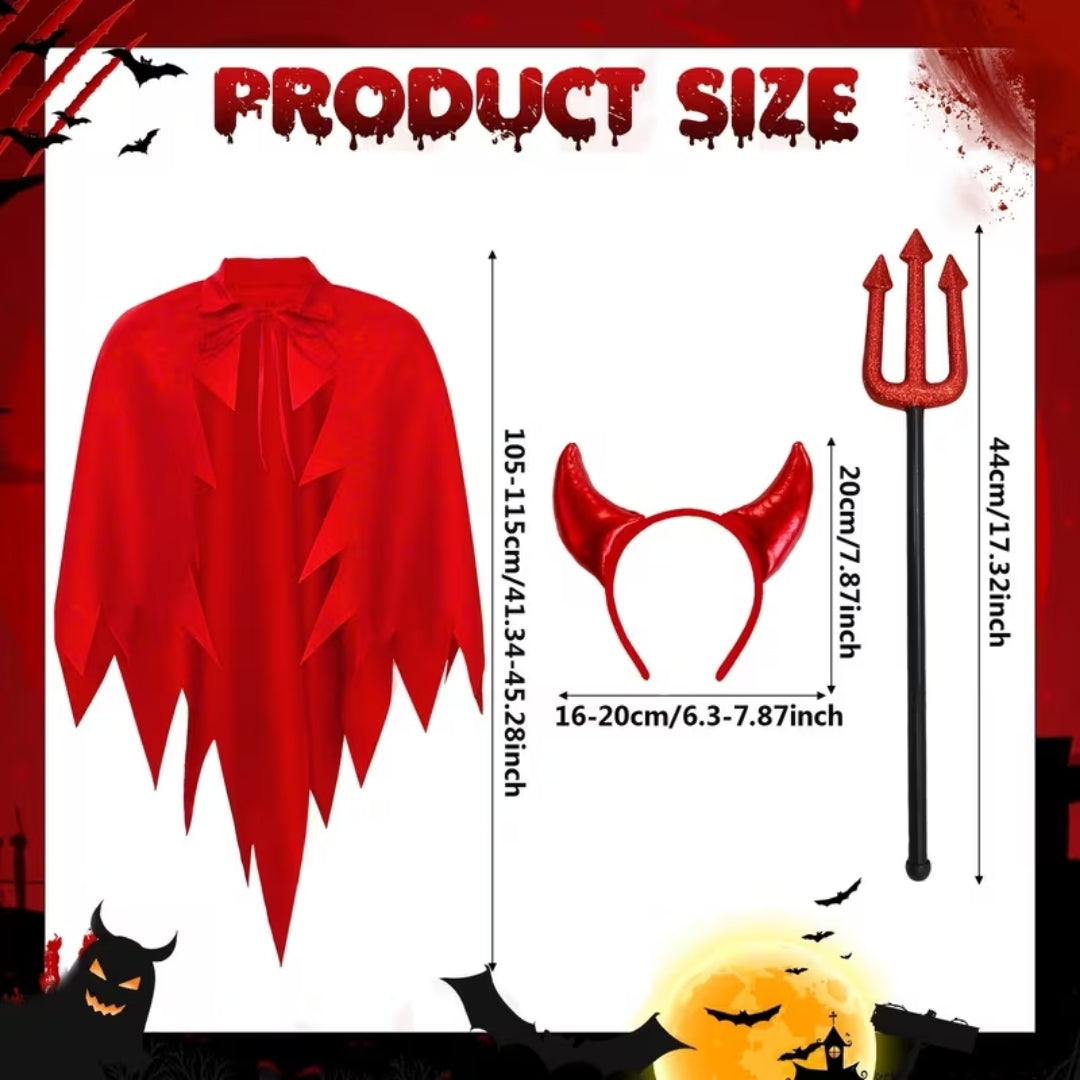 Duivels Feestkostuum 3-Delig met Cape Hoorns Drietand Dames Halloween Carnaval Cosplay Verkleedoutfit Rood | Sulvida