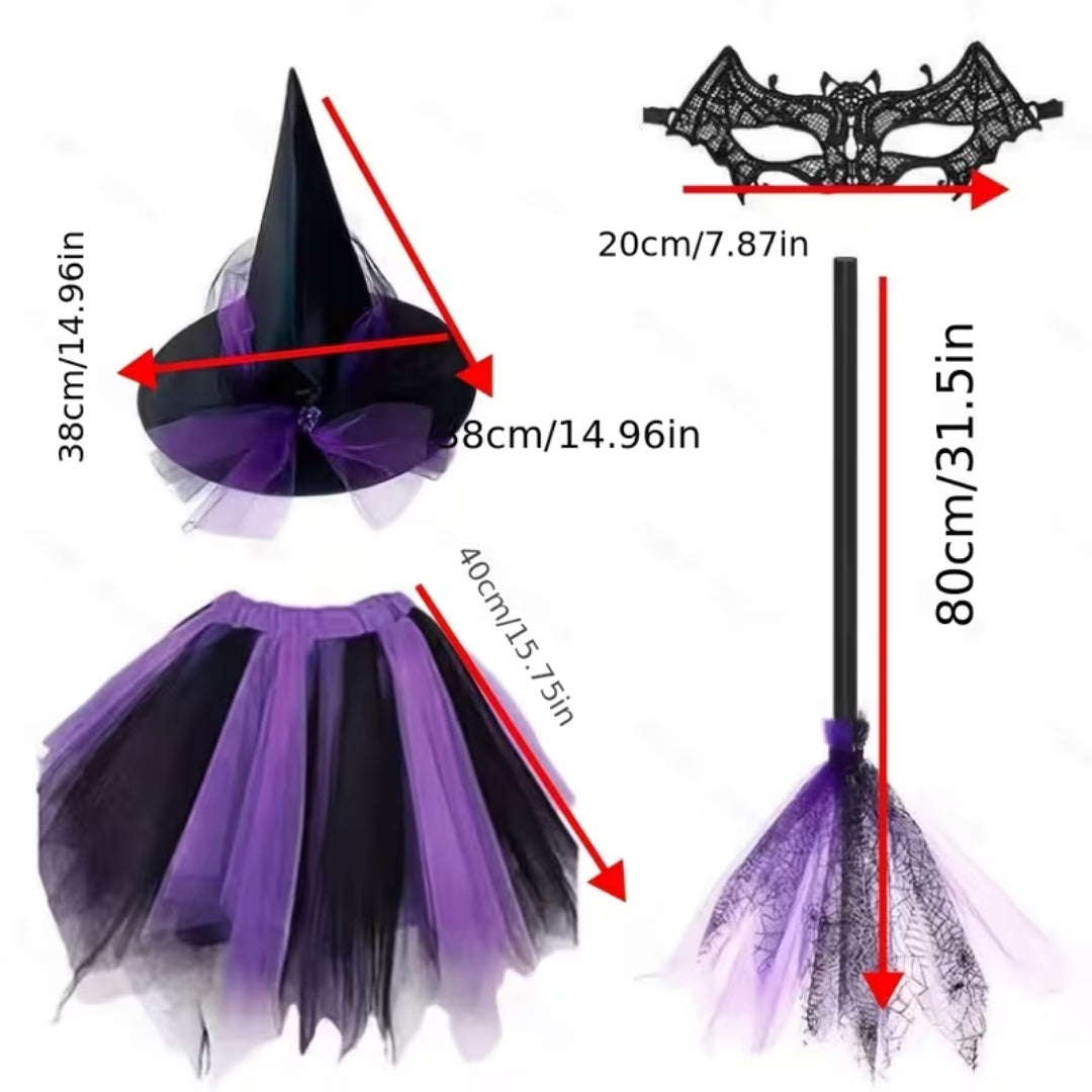 Heksenkostuum Dames Compleet met Tulle Rok Hoed Accessoires Halloween Themafeest Verkleedkleding Carnaval | Sulvida