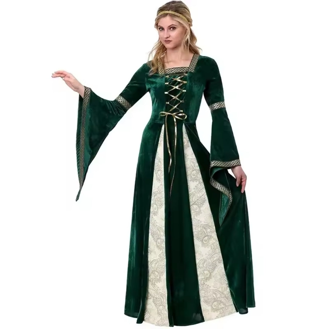 Fluwelen Middeleeuwse Verkleedjurk Lang Groene Heksenkostuum met Veterdetail Halloween Carnaval Dames | Sulvida