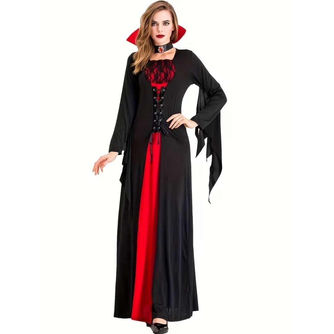 Gothic Vampierjurk Dames Lang Zwart Rood Hoge Kraag Kanten Borstpanel Cosplay Verkleedkostuum Halloween Feest | Sulvida