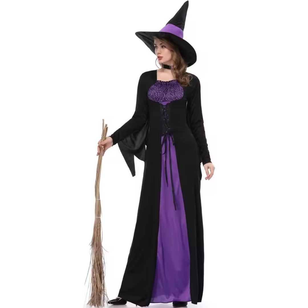 Gothic heksenkostuum met lange mouwen spitse hoed zwart paars vrouwen Halloween feestkleding carnaval | Sulvida