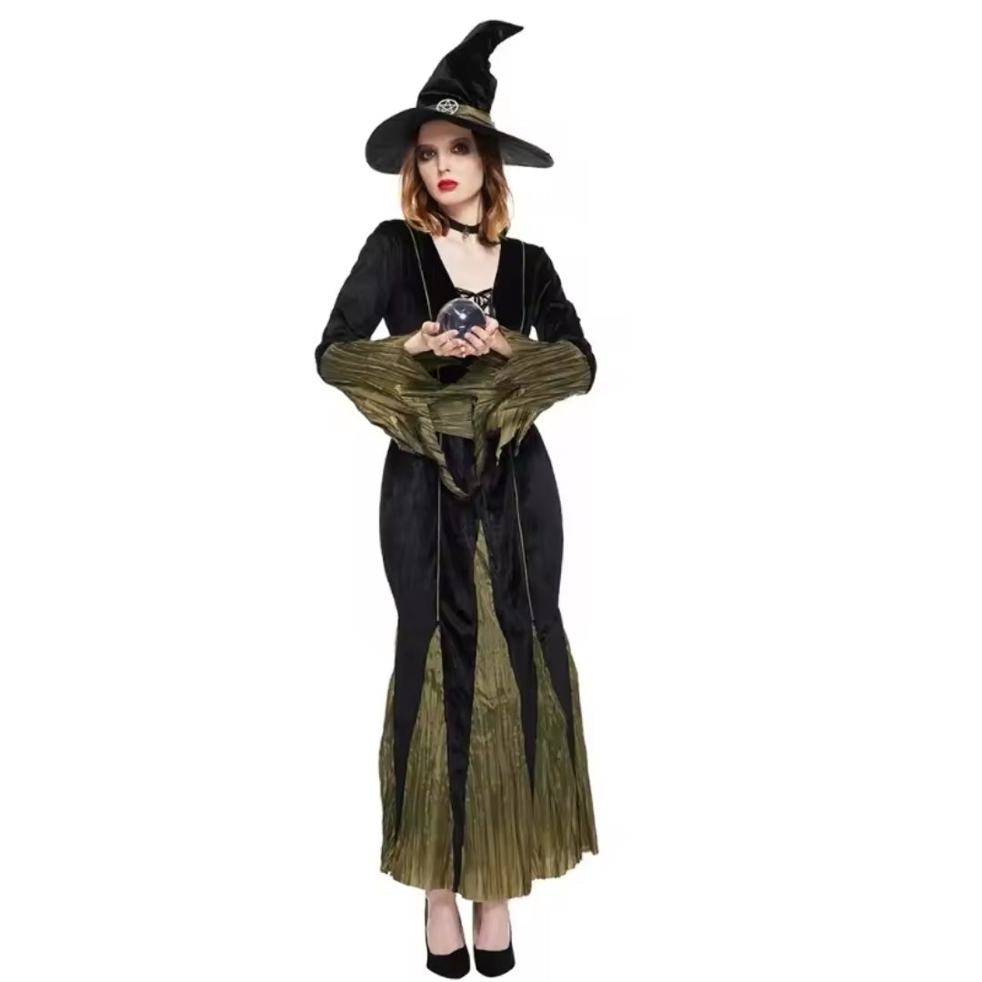 Heksenkostuum Dames met Punthoed Zwart Groen Verkleedkleding Halloween Carnaval Gothic Feest Heks Outfit | Sulvida