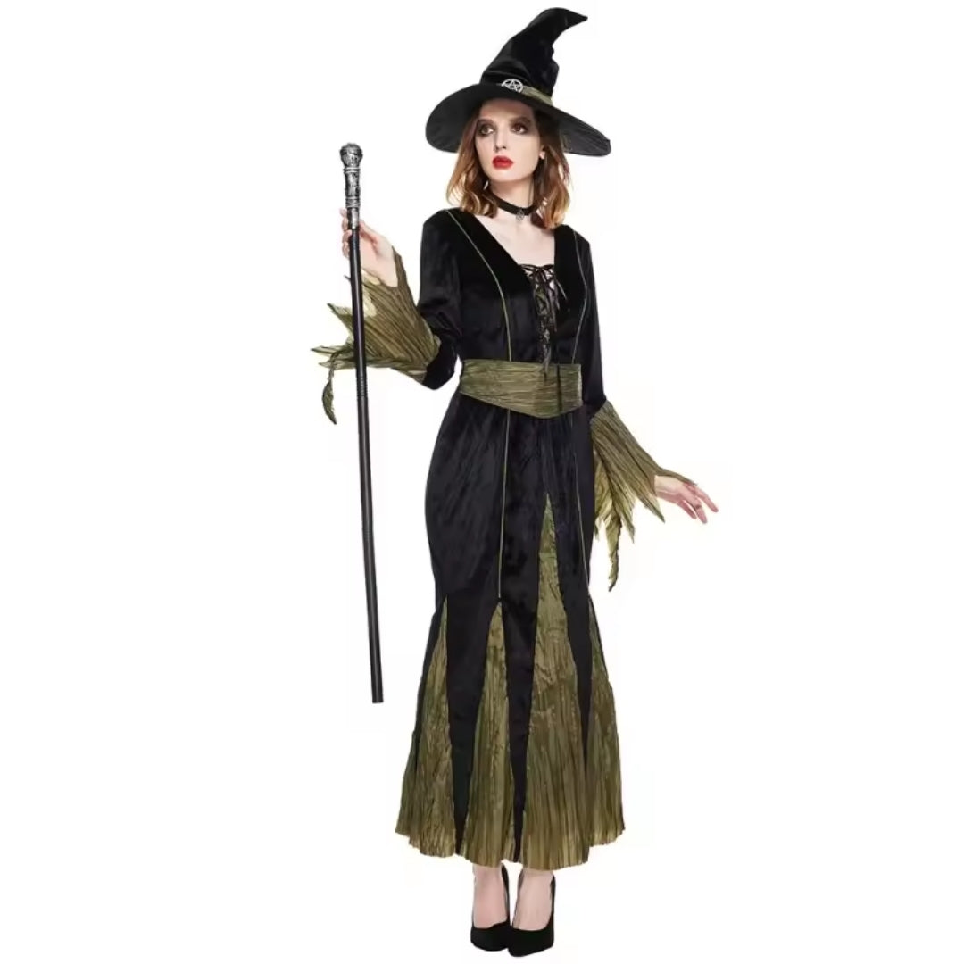 Heksenkostuum Dames met Punthoed Zwart Groen Verkleedkleding Halloween Carnaval Gothic Feest Heks Outfit | Sulvida