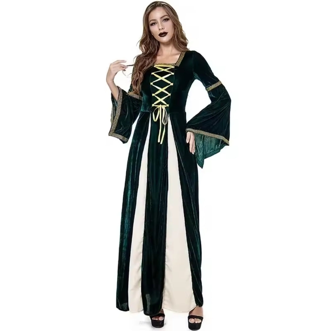 Fluwelen Middeleeuwse Verkleedjurk Lang Groene Heksenkostuum met Veterdetail Halloween Carnaval Dames | Sulvida
