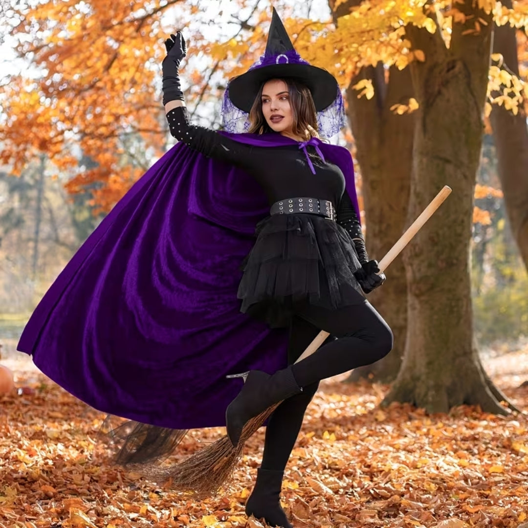 Heksencape met Hoed Volwassenen Fluweel Paars Zwart Verkleedkostuum Halloween Cosplay Themafeest Carnaval | Sulvida