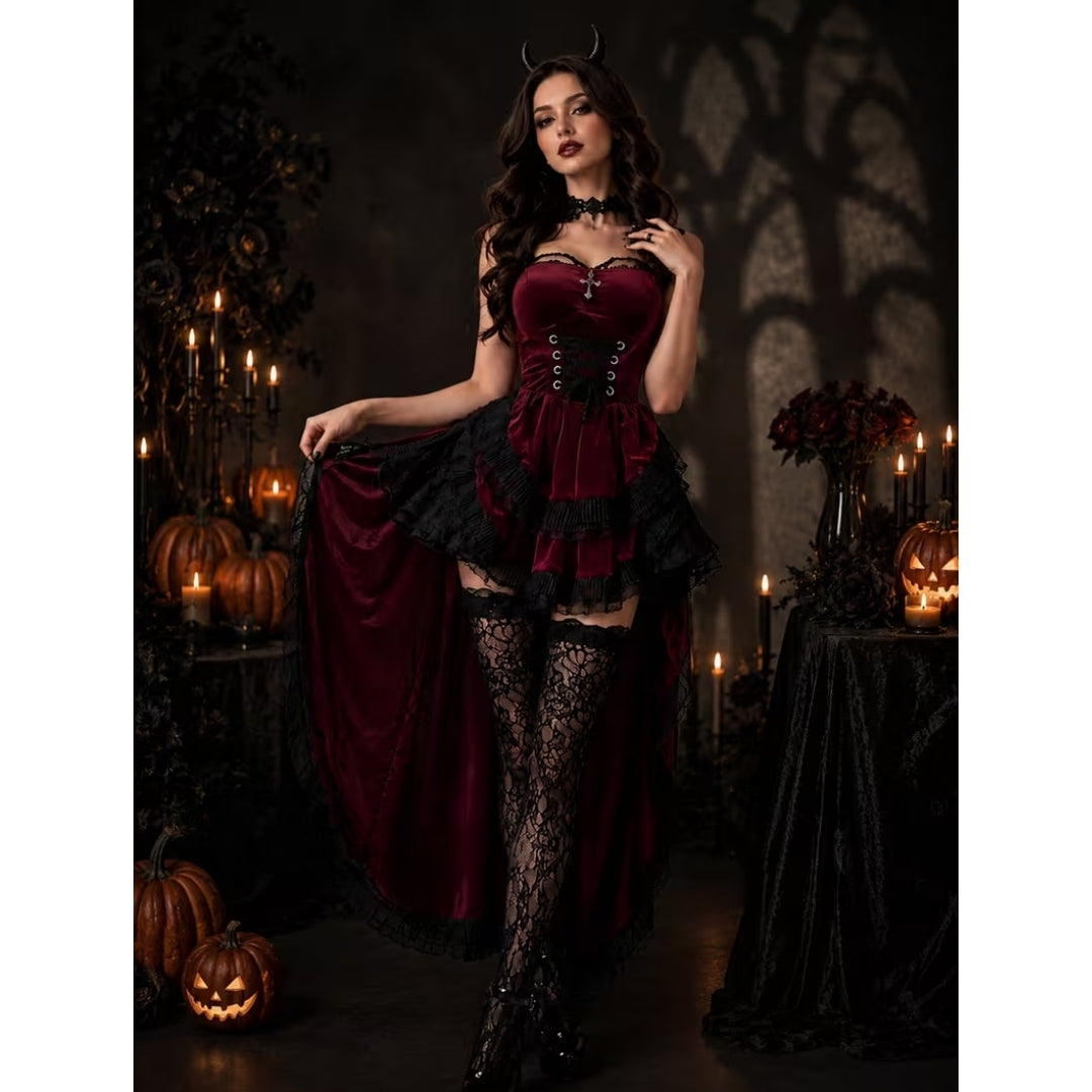 Gotische Duivelkostuum Dames Bordeauxrood 4-delig Vampier Verkleedset Halloween Fantasy Outfit Carnaval | Sulvida