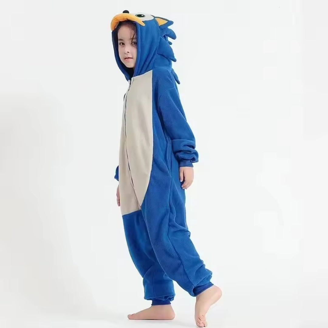 Zachte Kinderonesie Blauw Egel Spelkarakter Pyjama Verkleedpak Halloween Carnaval Unisex Maat 100-140 | Sulvida