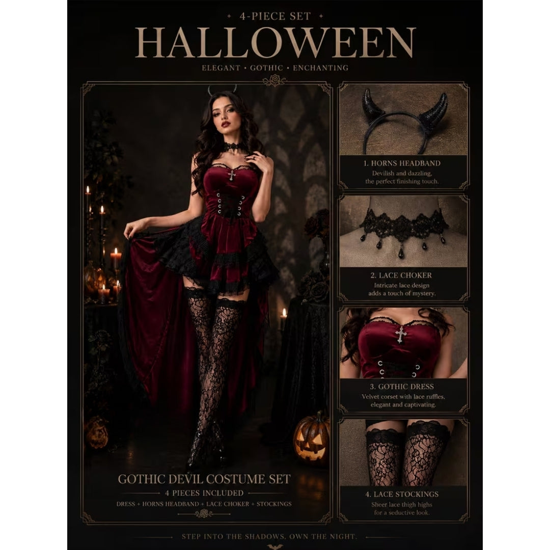 Gotische Duivelkostuum Dames Bordeauxrood 4-delig Vampier Verkleedset Halloween Fantasy Outfit Carnaval | Sulvida