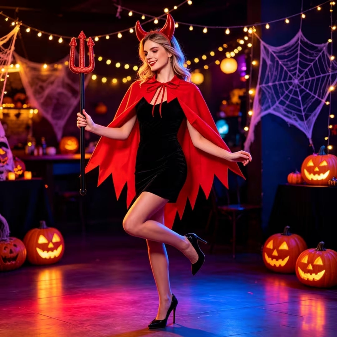 Duivels Feestkostuum 3-Delig met Cape Hoorns Drietand Dames Halloween Carnaval Cosplay Verkleedoutfit Rood | Sulvida