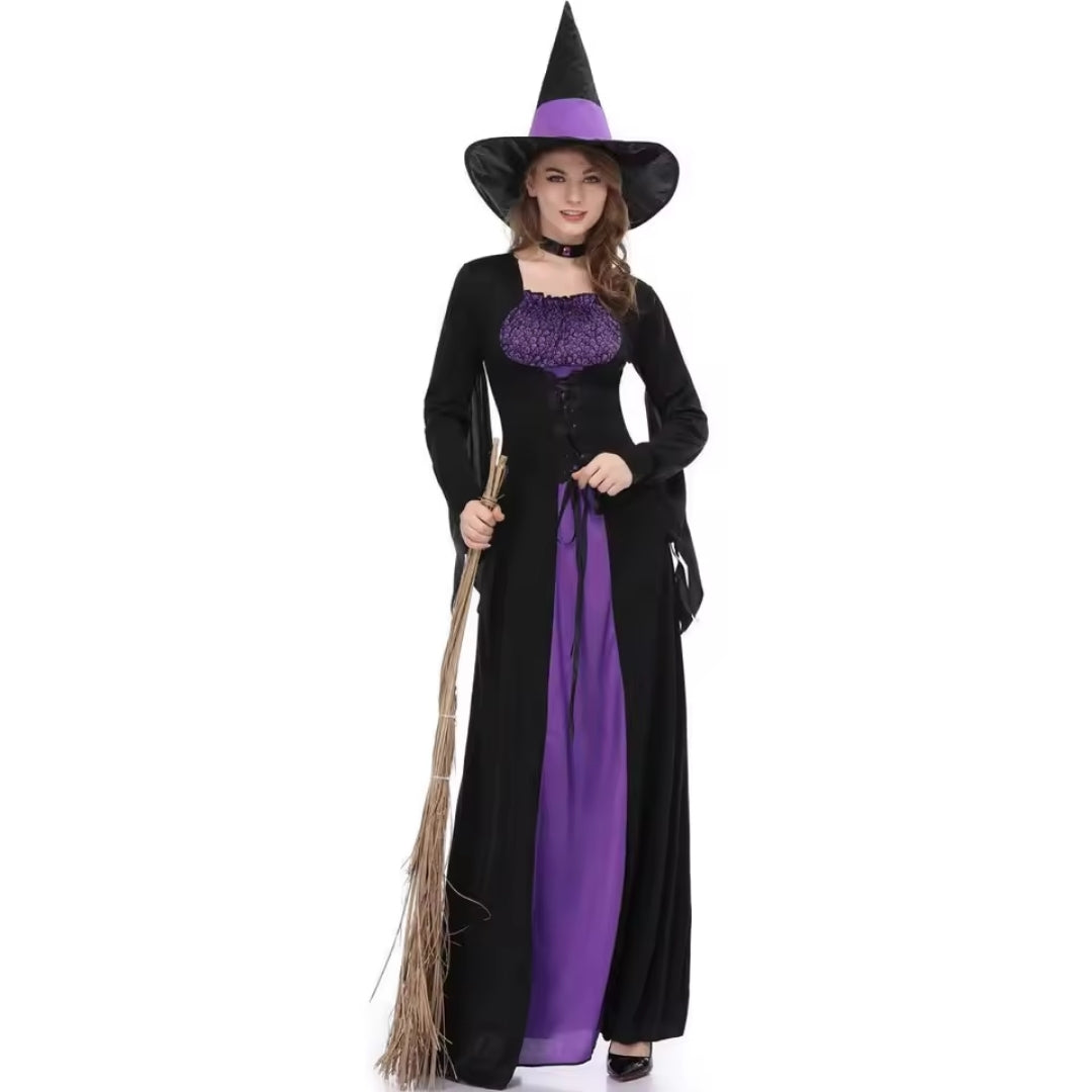 Gothic heksenkostuum met lange mouwen spitse hoed zwart paars vrouwen Halloween feestkleding carnaval | Sulvida