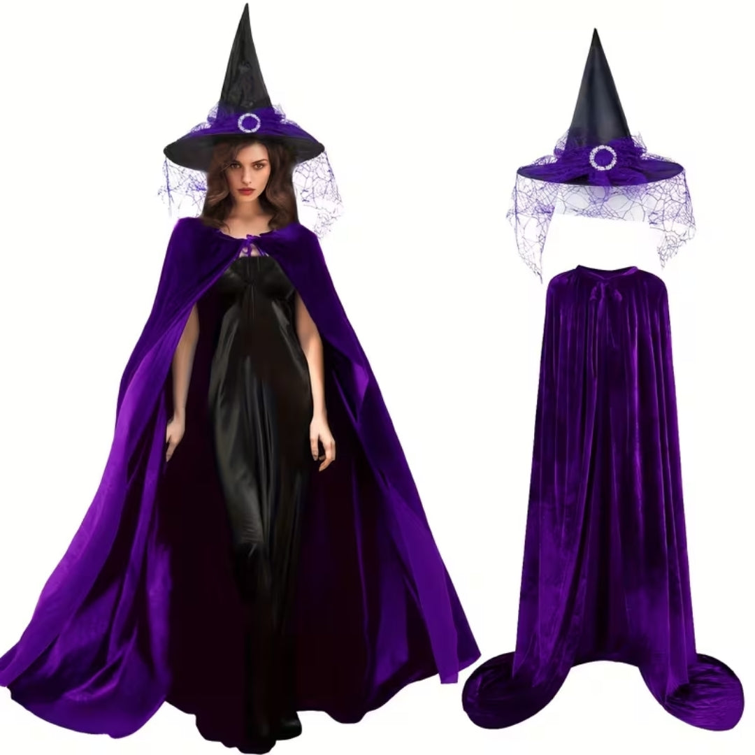Heksencape met Hoed Volwassenen Fluweel Paars Zwart Verkleedkostuum Halloween Cosplay Themafeest Carnaval | Sulvida