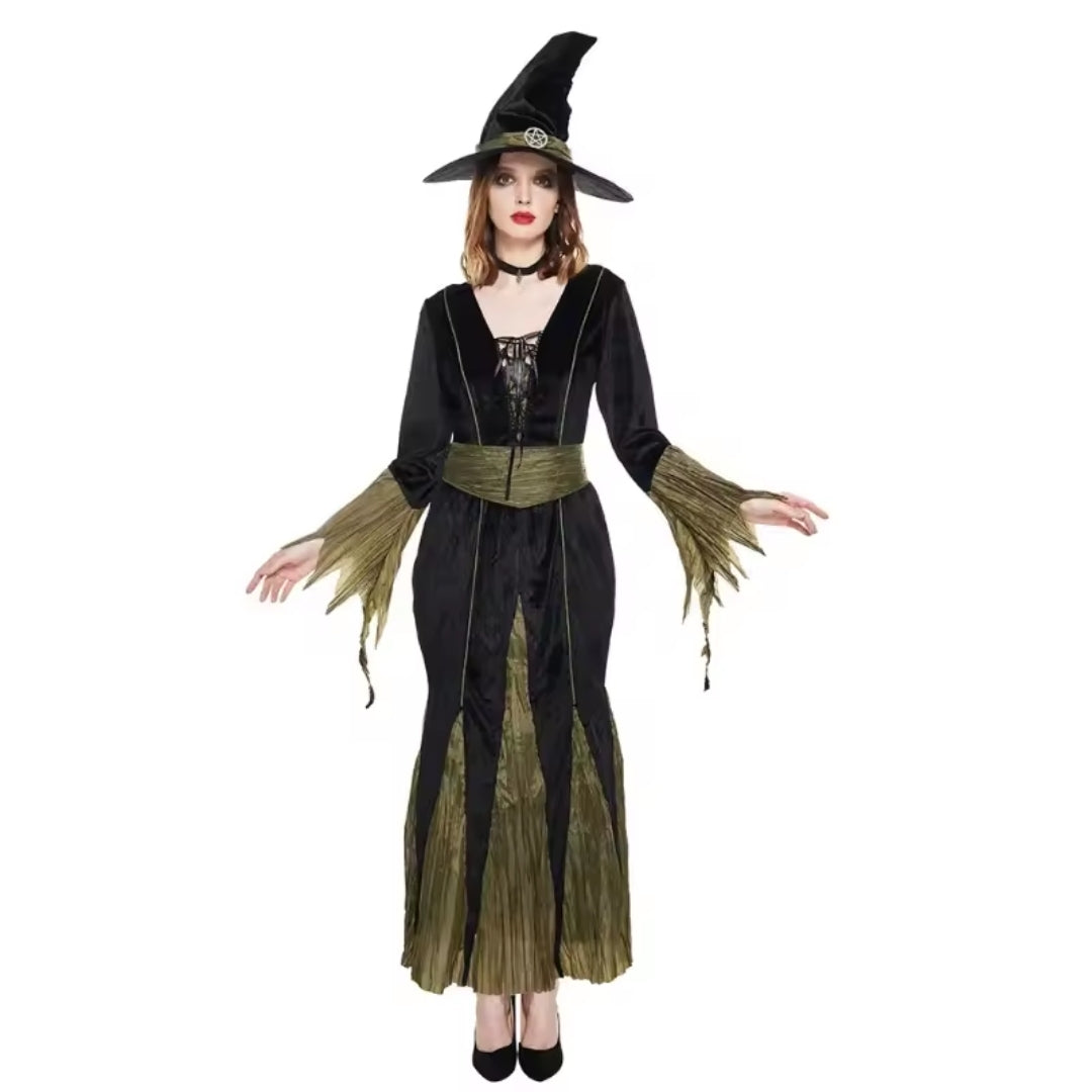 Heksenkostuum Dames met Punthoed Zwart Groen Verkleedkleding Halloween Carnaval Gothic Feest Heks Outfit | Sulvida